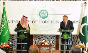 Foreign Minister, Mohammad Ishaq Dar and Foreign Minister of the Kingdom of Saudi Arabia Prince Faisal Bin Farhan Al Saud are addressing Press Conference at Ministry of Foreign Affairs. A