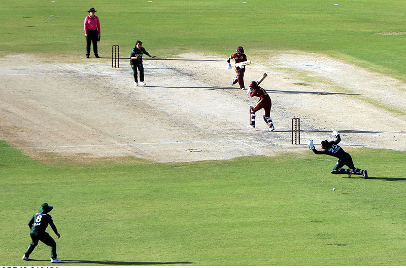 West Indies batter Karishma Ramharack play a winning shot on last ball of the match during 2nd ODI cricket match played between Pakistan Women’s team vs West Indies Women’s cricket team at National Stadium