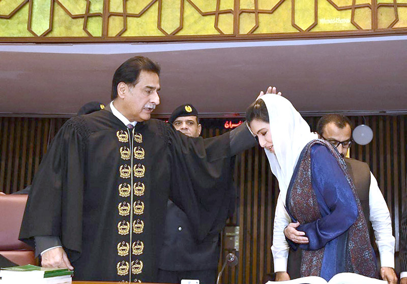 Speaker National Assembly, Sardar Ayaz Sadiq greets Ms. Aseefa Bhutto Zardari on taking oath as Member National Assembly of Pakistan at Parliament House.