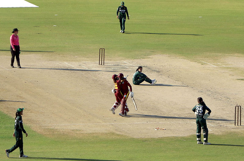 West Indies batter Karishma Ramharack play a winning shot on last ball of the match during 2nd ODI cricket match played between Pakistan Women’s team vs West Indies Women’s cricket team at National Stadium