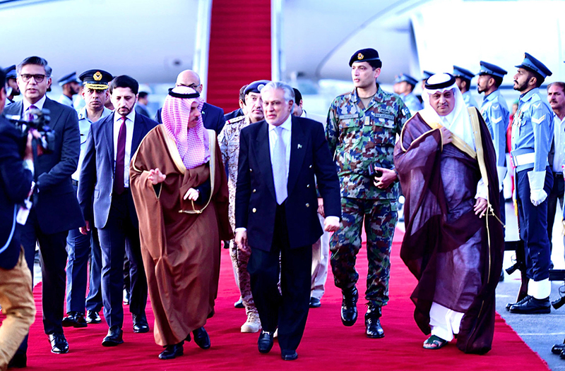 Foreign Minister, Mohammad Ishaq Dar receives Foreign Minister of the Kingdom of Saudi Arabia, Prince Faisal Bin Farhan Al Saud at Nur Khan Airbase.
