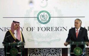 Foreign Minister, Mohammad Ishaq Dar and Foreign Minister of the Kingdom of Saudi Arabia Prince Faisal Bin Farhan Al Saud are addressing Press Conference at Ministry of Foreign Affairs. A