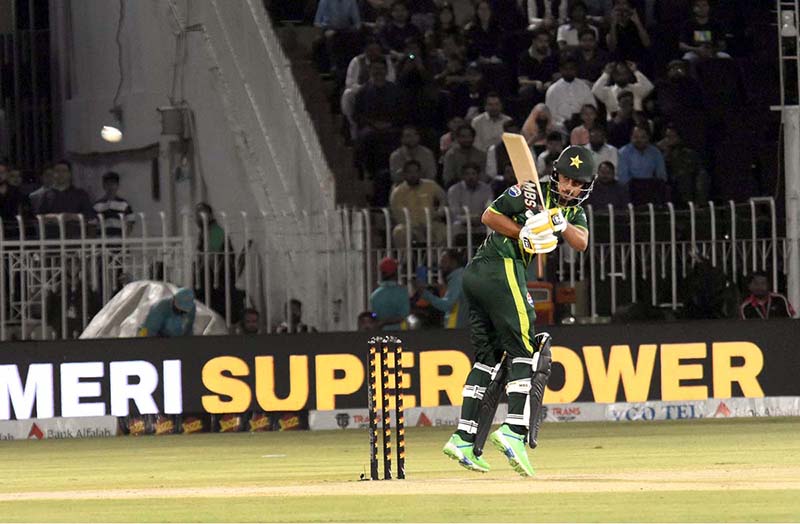 Pakistan’s batter Saim Ayub play a shot during the 3rd T20 cricket match between Pakistan vs New Zealand at Pindi Cricket Stadium