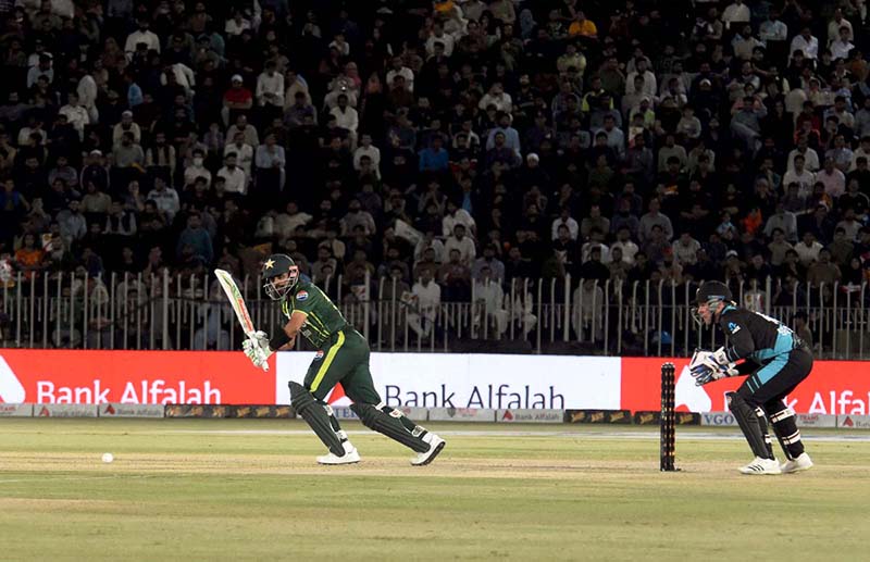 Pakistan’s batter Saim Ayub play a shot during the 3rd T20 cricket match between Pakistan vs New Zealand at Pindi Cricket Stadium