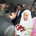 Federal Minister for Religious Affairs and Inter-faith Harmony and Overseas Pakistanis and Human Resource Development Chaudhry Salik Hussain receiving the Secretary General of Rabta- Alam-e-Islami, Dr. Muhammad bin Abdul Karim Al-Eisa at Nur Khan Airbase