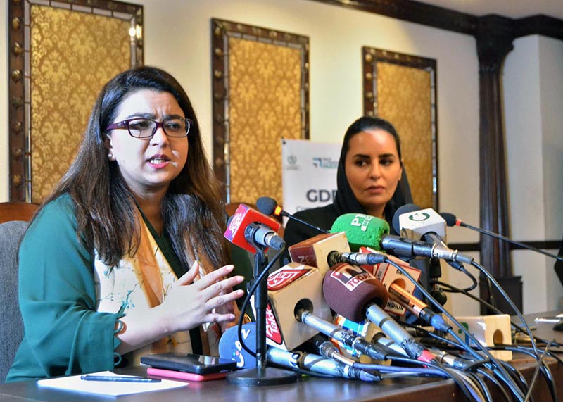 Minister of State for IT and Telecommunication Ms. Shaza Fatima Khawaja and Secretary General Digital Cooperation Organization (DCO) Ms. Dima Al Yahya addressing the media