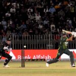 Pakistan’s batter Babar Azam play a shot during the 3rd T20 cricket match between Pakistan vs New Zealand at Pindi Cricket Stadium