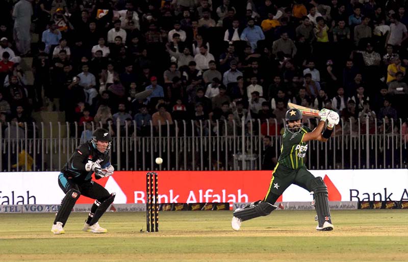 Pakistan’s batter Babar Azam play a shot during the 3rd T20 cricket match between Pakistan vs New Zealand at Pindi Cricket Stadium