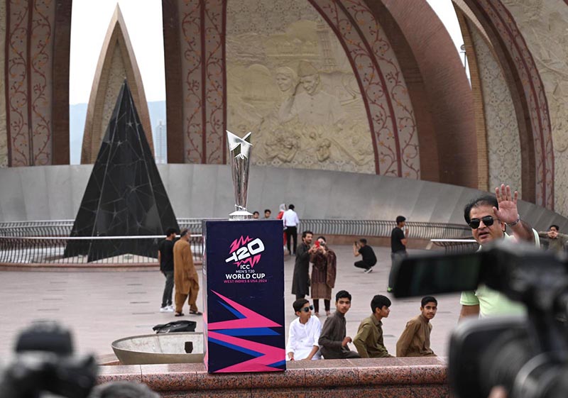The trophy of International Cricket Council (ICC) T-20 World Cup 2024 displaying at National Monument as trophy has arrived in Islamabad on a three-day tour of Pakistan. The T20 World Cup is scheduled to be held this year from June 2 to 29 in the USA and West Indies.