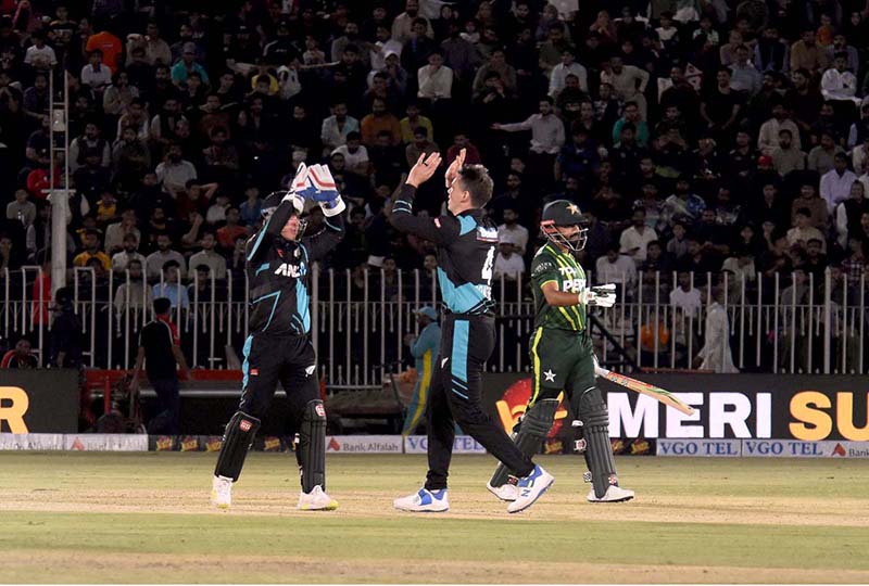 Pakistan’s batter Babar Azam play a shot during the 3rd T20 cricket match between Pakistan vs New Zealand at Pindi Cricket Stadium
