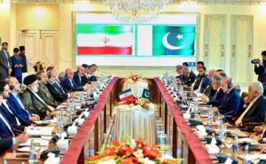 Prime Minister Muhammad Shehbaz Sharif and Iranian President H.E. Dr. Seyyed Ebrahim Raisi in a delegation level talks between Iran and Pakistan.