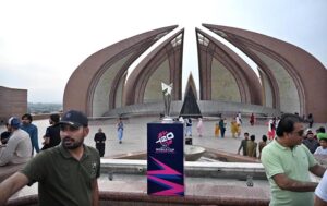 The trophy of International Cricket Council (ICC) T-20 World Cup 2024 displaying at National Monument as trophy has arrived in Islamabad on a three-day tour of Pakistan. The T20 World Cup is scheduled to be held this year from June 2 to 29 in the USA and West Indies.