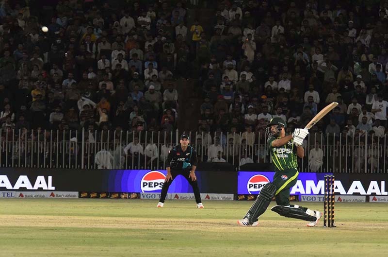 Pakistan’s batter Usman khan play a shot during the 3rd T20 cricket match between Pakistan vs New Zealand at Pindi Cricket Stadium