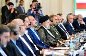 Prime Minister Muhammad Shehbaz Sharif and Iranian President H.E. Dr. Seyyed Ebrahim Raisi in a delegation level talks between Iran and Pakistan.