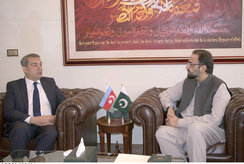 Ambassador of Azerbaijan to Pakistan, Khazar Farhadov calls on Federal Minister for Overseas Pakistanis and Human Resource Development, Chaudhry Salik Hussain.