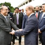 President Asif Ali Zardari being received by the Prime Minister of Pakistan Muhammad Shehbaz Sharif upon his arrival at Parliament House.