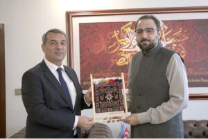 Ambassador of Azerbaijan to Pakistan, Khazar Farhadov calls on Federal Minister for Overseas Pakistanis and Human Resource Development, Chaudhry Salik Hussain.