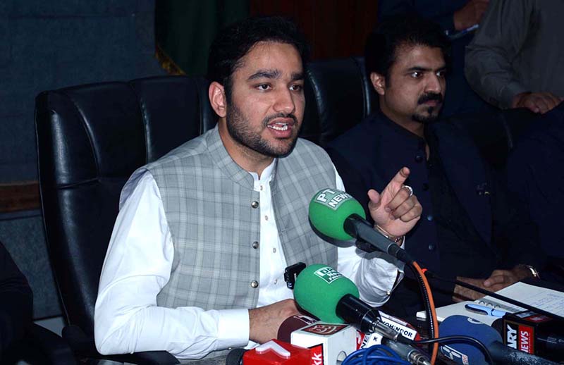 Provincial Minister Sports Affairs Faisal Ayub Khokhar addressing a press conference at Commissioner Office