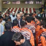Chairman Prime Minister's Youth Programme Rana Mashhood Ahmed Khan talking with players during opening ceremony of Table Tennis Provincial League of Prime Minister's Youth Talent Hunt