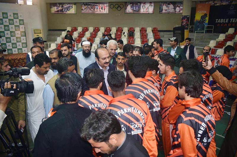 Chairman Prime Minister's Youth Programme Rana Mashhood Ahmed Khan talking with players during opening ceremony of Table Tennis Provincial League of Prime Minister's Youth Talent Hunt