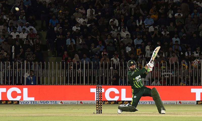 Pakistan’s batter Usman khan play a shot during the 3rd T20 cricket match between Pakistan vs New Zealand at Pindi Cricket Stadium