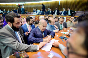 Prime Minister Muhammad Shehbaz Sharif casting his vote at the Senate elections at Parliament House.
