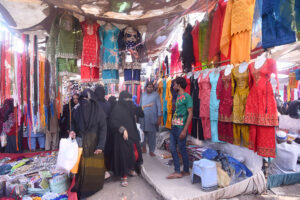 In connection with preparations for Eid-ul-Fitr, women are selecting to buy bangles from the stalls set up in Bachat Bazar.