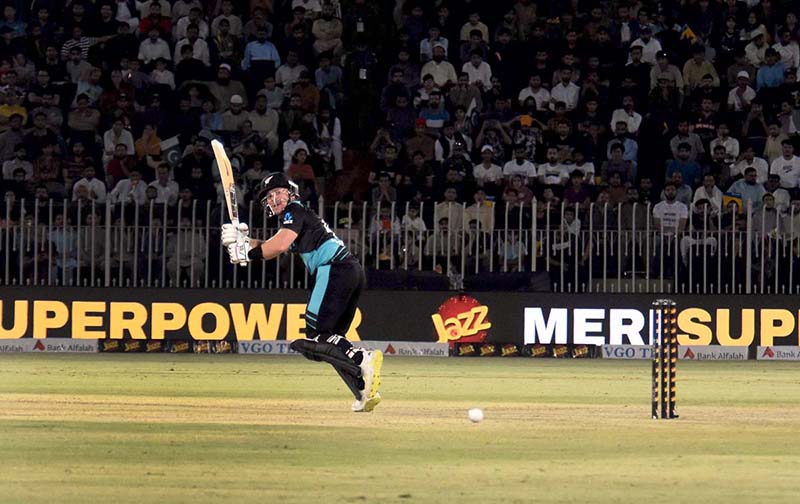 New Zealand Batter Tim Seifert Play a shot during the 3rd T20 cricket match between Pakistan vs New Zealand at Pindi Cricket Stadium