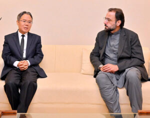 Federal Minister for Overseas Pakistanis and Human Resource Development Chaudhry Salik Hussain in a meeting with the Chinese Ambassador to Pakistan, Jiang Zaidong at Nur Khan Airbase.