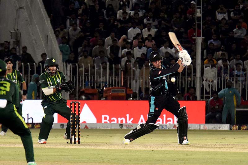 New Zealand Batter Tim Seifert Play a shot during the 3rd T20 cricket match between Pakistan vs New Zealand at Pindi Cricket Stadium