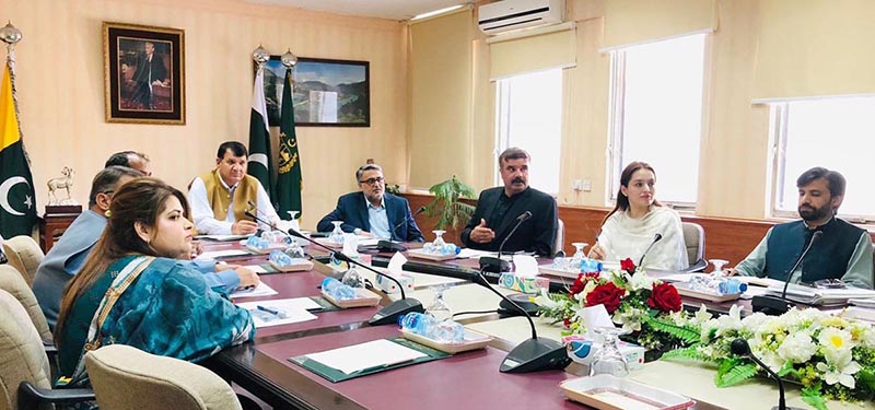 Federal Minister for Kashmir Affairs & Gilgit-Baltistan and Sated Frontier Regions, Engineer Amir Muqam receives a briefing on Site Map and Construction Plan of the building for office accommodation on the Gilgit-Baltistan Council in Islamabad.