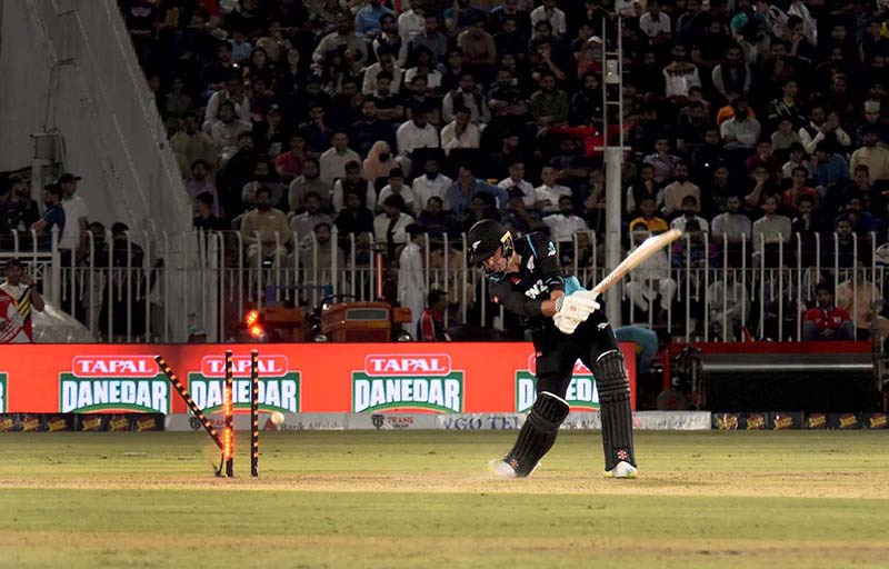 New Zealand Batter Tim Robinson bowled out during the 3rd T20 cricket match between Pakistan vs New Zealand at Pindi Cricket Stadium.