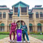 Pakistan Women’s Cricket Team ODIs Captain, Nida Dar and West Indies Cricket Team Captain Hayley Matthews pose with ODI Series Trophy during unveil at Quaid-e-Azam House.