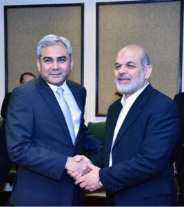 Federal Minister for Interior Mohsin Naqvi in a meeting with his Iranian counterpart Dr. Ahmad Vahidi and Iran's Justice Minister Amin Hosein Rahimi.