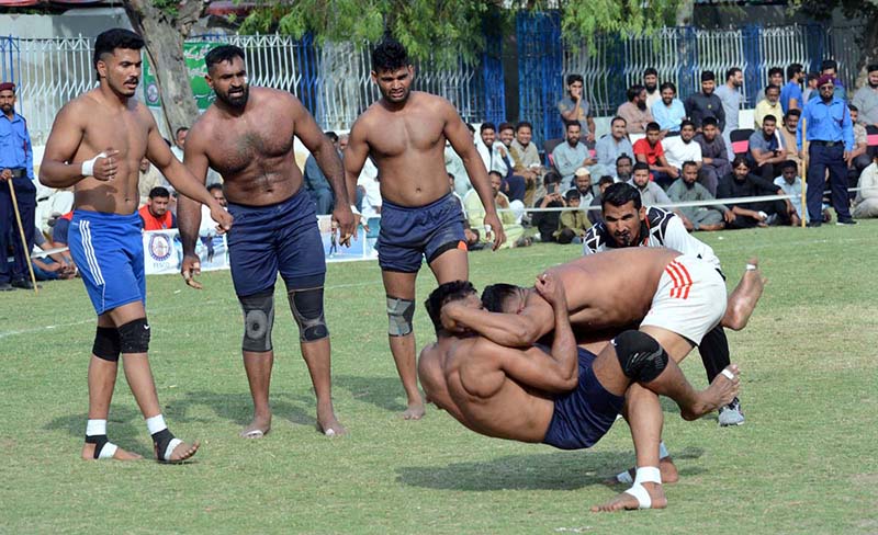 A view of the Kabaddi match played between FESCO Kabaddi team and MEPCO Kabaddi team during 49 WAPDA Inter Unit Kabaddi Circle Tournament 2024 at FESCO Sports Ground.