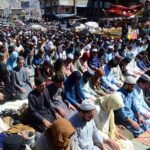 A large number of faithful offering Namaz-e-Jumma Tul Wida during Holy Fasting Month of Ramzanul Mubarak at Meezan Chowk