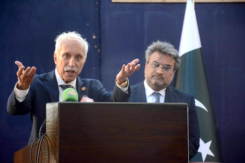 Federal Minister for Maritime Affairs, Qaiser Ahmed Shaikh addressing the media at the Pakistan National Shipping Corporation office.