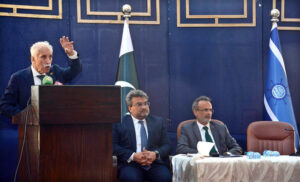 Federal Minister for Maritime Affairs, Qaiser Ahmed Shaikh addressing the media at the Pakistan National Shipping Corporation office.