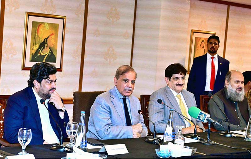 Prime Minister Muhammad Shehbaz Sharif addressing business community during his visit to Karachi