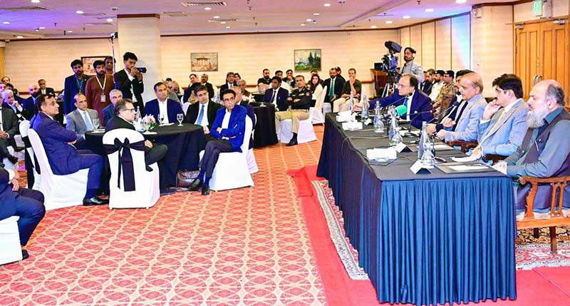 Prime Minister Muhammad Shehbaz Sharif addressing business community during his visit to Karachi.