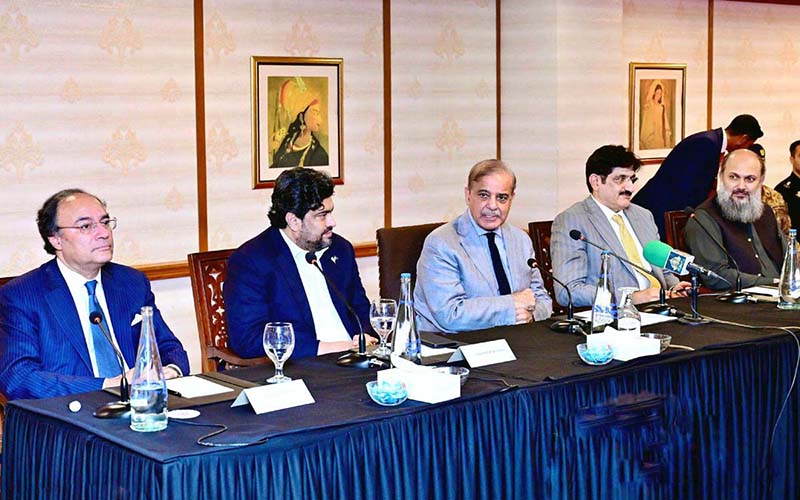 Prime Minister Muhammad Shehbaz Sharif addressing business community during his visit to Karachi