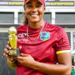 West Indies Women’s Cricket Team Captain, Hayley Matthews receives Player of the Match Award after winning the First ODI cricket match played between Pakistan Women’s team and West Indies Women’s cricket team at National Bank Stadium