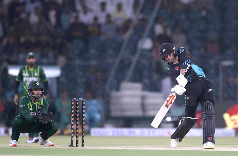 New Zealand player Tim Robinson plays a shot during the Fourth Twenty20 International Cricket Match between Pakistan and New Zealand at the Qaddafi Cricket Stadium