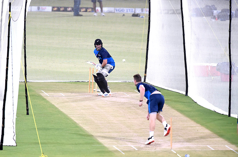 New Zealand's cricketers during a practice session at the Qaddafi Cricket Stadium ahead of the fourth Twenty20 Cricket match between Pakistan and New Zealand Cricket Teams in a five-match Twenty20 series