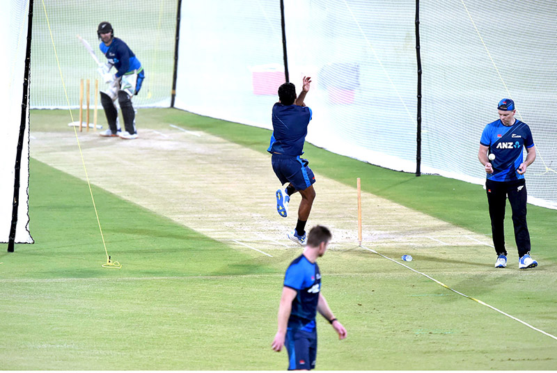 New Zealand's cricketers during a practice session at the Qaddafi Cricket Stadium ahead of the fourth Twenty20 Cricket match between Pakistan and New Zealand Cricket Teams in a five-match Twenty20 series