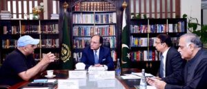 Federal Minister for Finance & Revenue, Muhammad Aurangzeb in a meeting with Chairman of the Supreme Council of All Pakistan Anjuman-e-Tajran, Naeem Mir.