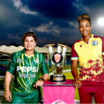 Pakistan Women’s Cricket Team Captain, Nida Dar and West Indies Cricket Team Captain Hayley Matthews pose with T20I trophy during unveiling ceremony at National Bank Studium