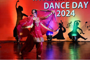 Artist performing dance on stage during the International Dance day program organized by Lahore Arts Council Alhamra and Shakir Ali Museum (Pakistan National Council of Arts) at Al-Hamra.
