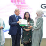 Prime Minister Muhammad Shehbaz Sharif distributing certificates of appreciation among the high achiever women and girls in the field of IT