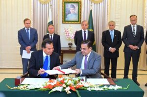 Prime Minister Muhammad Shehbaz Sharif witnesses the signing of different agreements between China and Pakistan regarding cooperation in various fields.